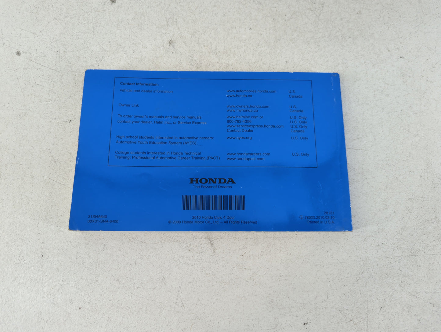 2010 Honda Civic Owners Manual Book Guide P/N:31SNA640 00X31-SNA-6400 OEM Used Auto Parts