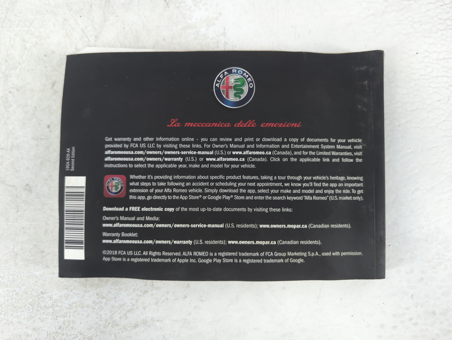 2019 Alfa Romeo Giulia Owners Manual Book Guide P/N:19GA-926-AA OEM Used Auto Parts
