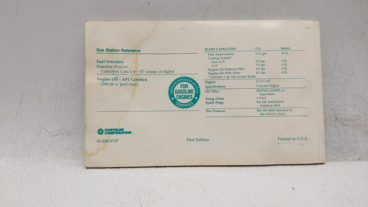 1997 Dodge Neon Owners Manual Book Guide OEM Used Auto Parts - Oemusedautoparts1.com