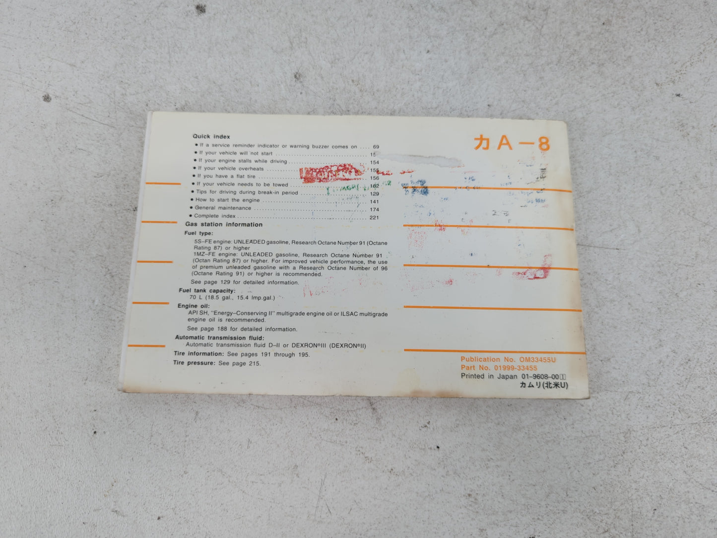 1997 Toyota Camry Owners Manual Book Guide P/N:01999-33455 OEM Used Auto Parts - Oemusedautoparts1.com