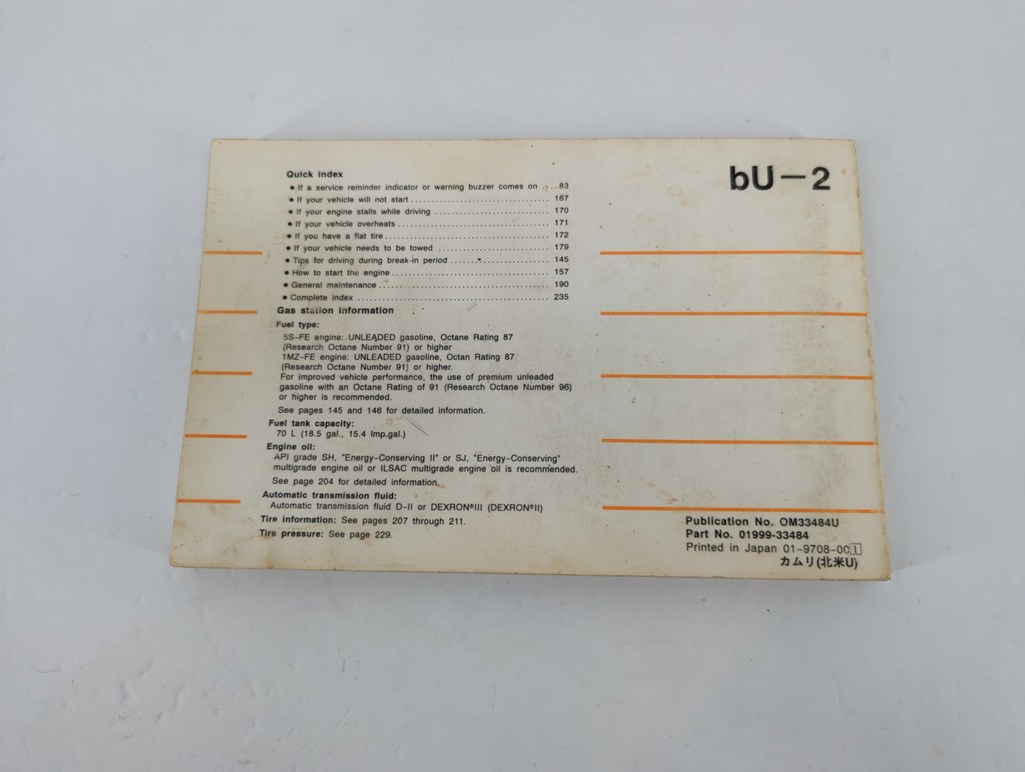 1998 Toyota Camry Owners Manual Book Guide P/N:01999-33484 OEM Used Auto Parts - Oemusedautoparts1.com