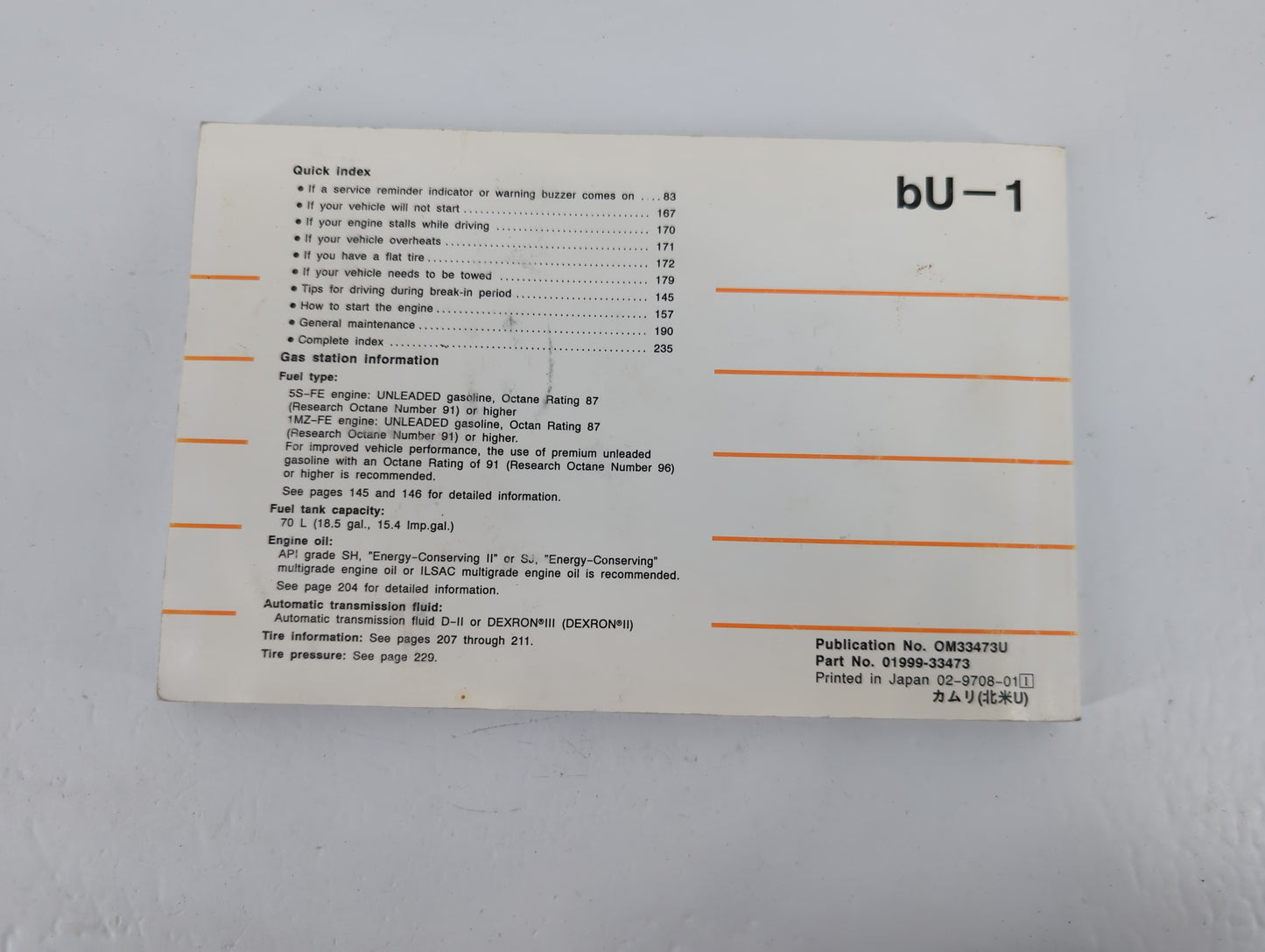 1998 Toyota Camry Owners Manual Book Guide P/N:01999-33473 OEM Used Auto Parts - Oemusedautoparts1.com