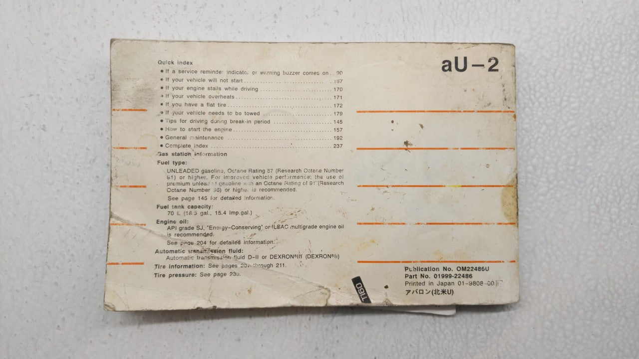 1999 Toyota Avalon Owners Manual Book Guide P/N:01999-22486 OEM Used Auto Parts - Oemusedautoparts1.com