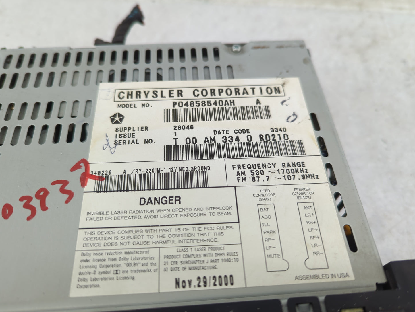 2001 Dodge Durango Radio AM FM Cd Player Receiver Replacement P/N:P04858540AH Fits OEM Used Auto Parts - Oemusedautoparts1.c