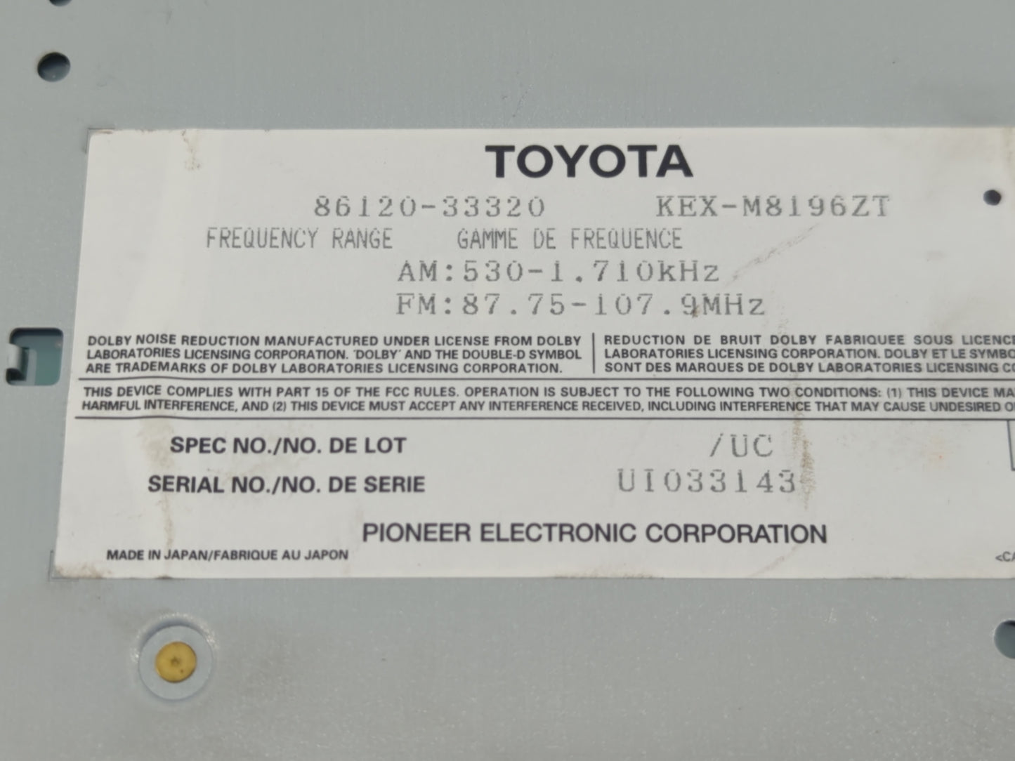2000-2001 Lexus Es300 Radio AM FM Cd Player Receiver Replacement P/N:86120-33320 Fits Fits 2000 2001 OEM Used Auto Parts - O