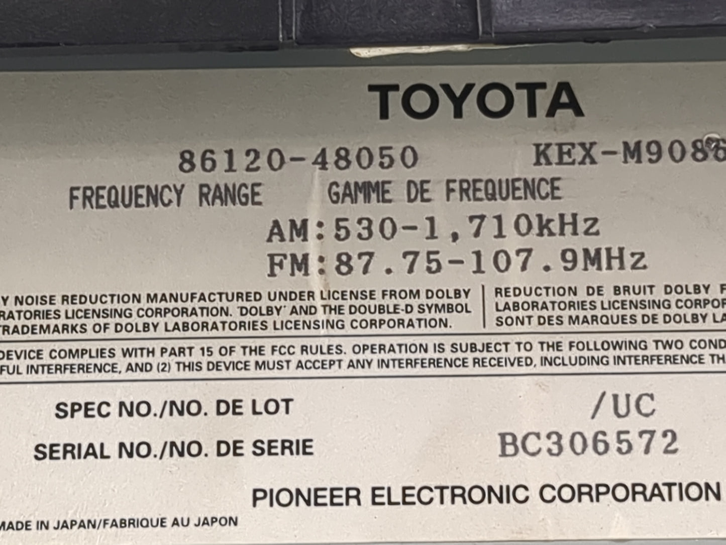 2002 Lexus Rx300 Radio AM FM Cd Player Receiver Replacement P/N:86120-48050 KEX-M9088, BC306572 Fits OEM Used Auto Parts - O