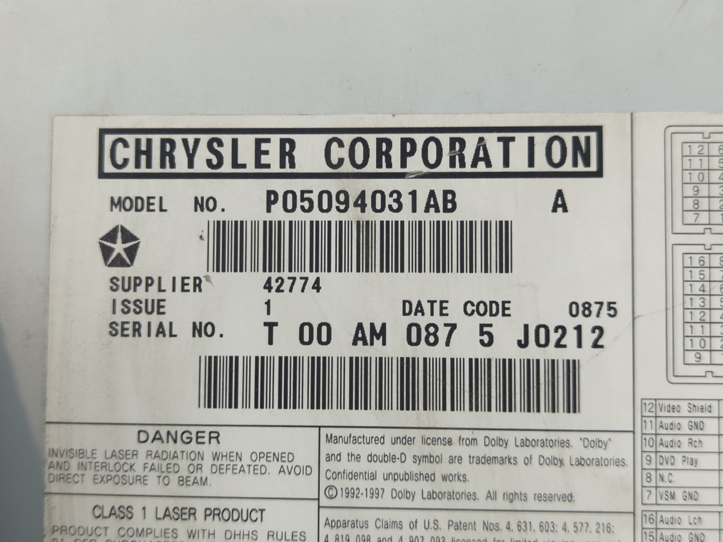 2004-2008 Chrysler Pacifica Information Display Screen - Oemusedautoparts1.com