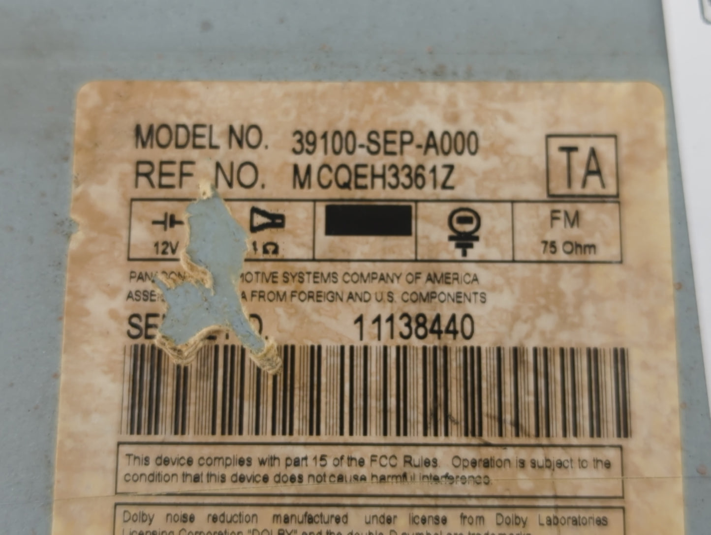 2004-2006 Acura Tl Radio AM FM Cd Player Receiver Replacement P/N:39100-SEP-A000 Fits Fits 2004 2005 2006 OEM Used Auto Part