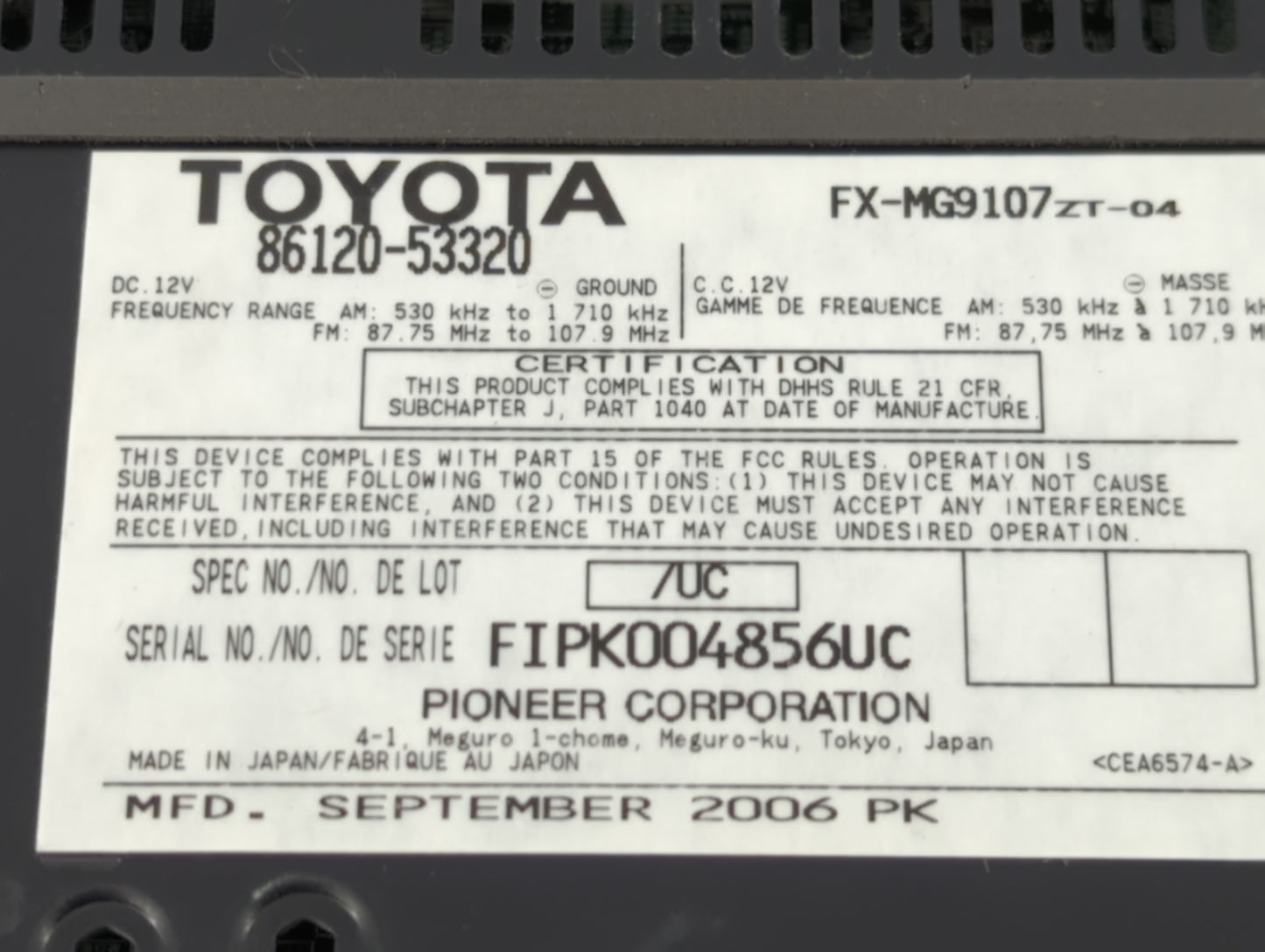 2006 Lexus Is250 Radio AM FM Cd Player Receiver Replacement P/N:86120-53320 FX-MG9107ZT-04 Fits OEM Used Auto Parts - Oemuse