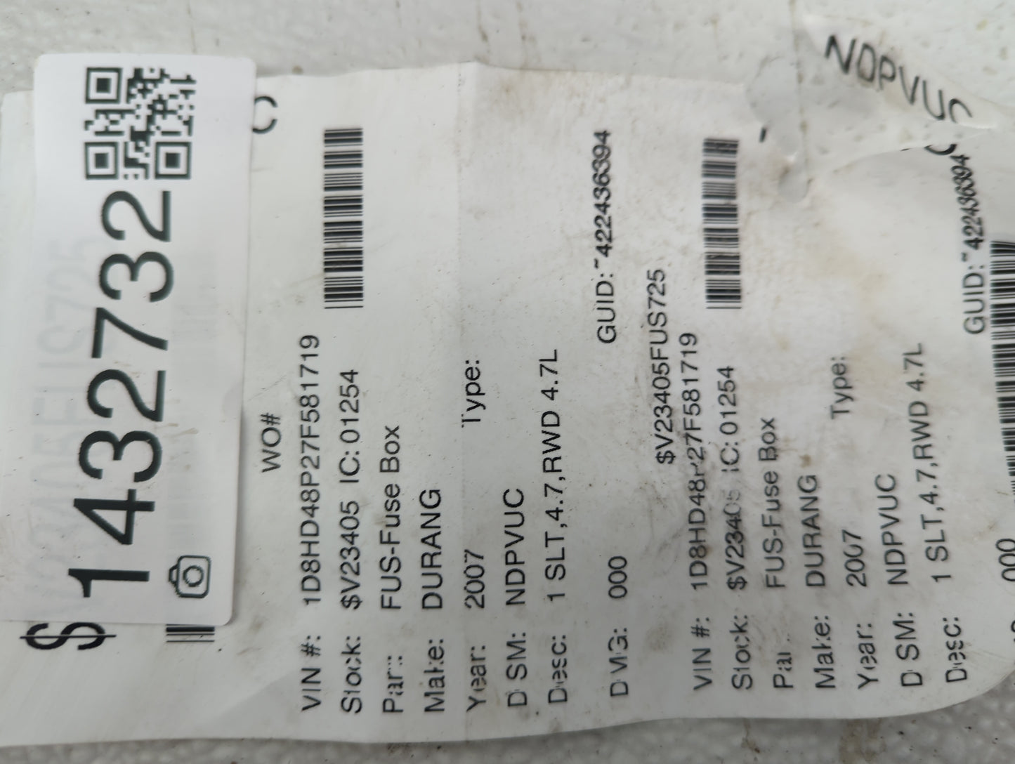 2007-2009 Dodge Durango Fusebox Fuse Box Panel Relay Module P/N:4671168E 72472V Fits Fits 2007 2008 2009 OEM Used Auto Parts