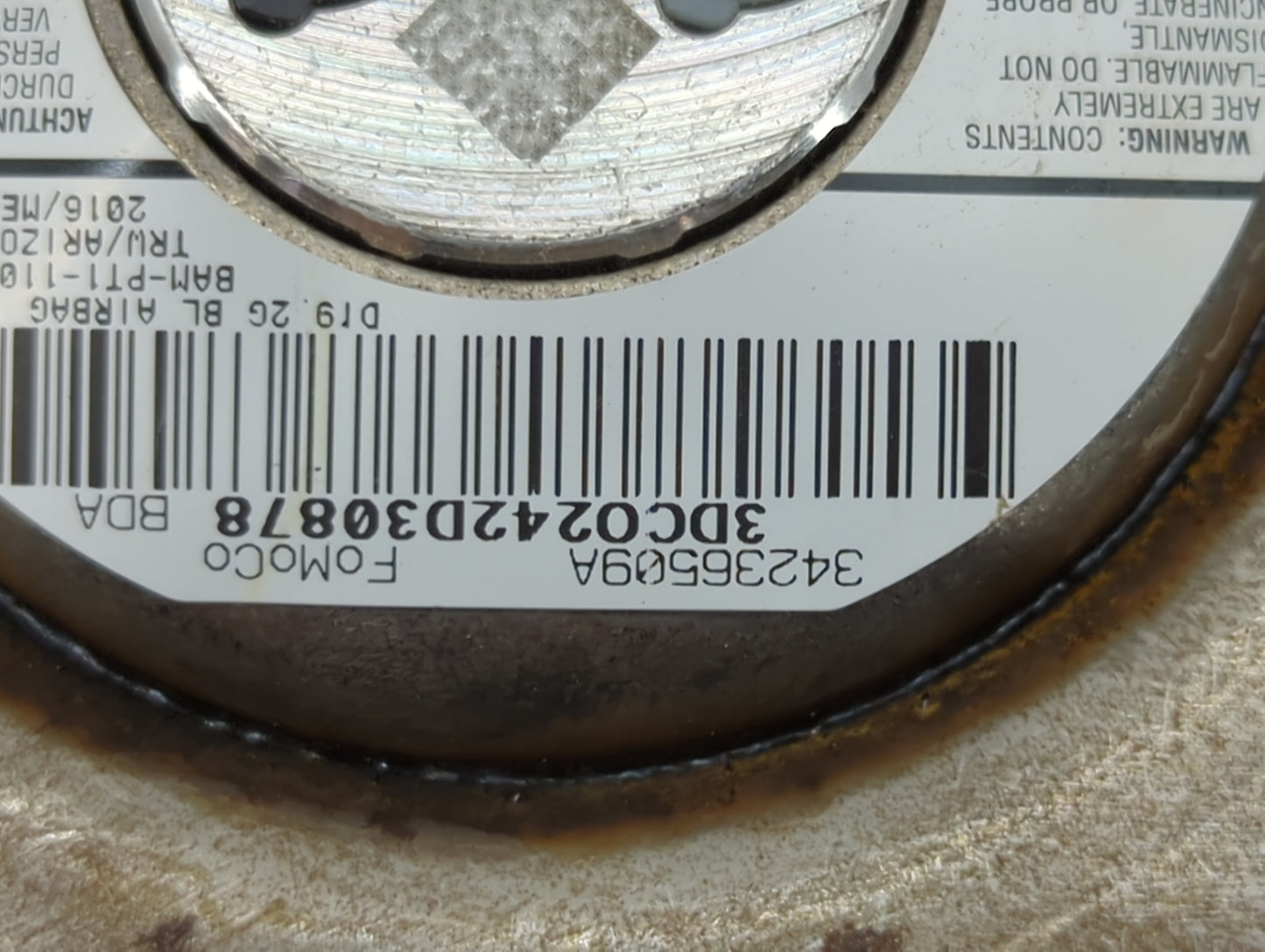 2007 Ford Mustang Air Bag Driver Left Steering Wheel Mounted P/N:3DC02420308Z8 34236509A, BAM-PTI-1104 Fits OEM Used Auto Pa