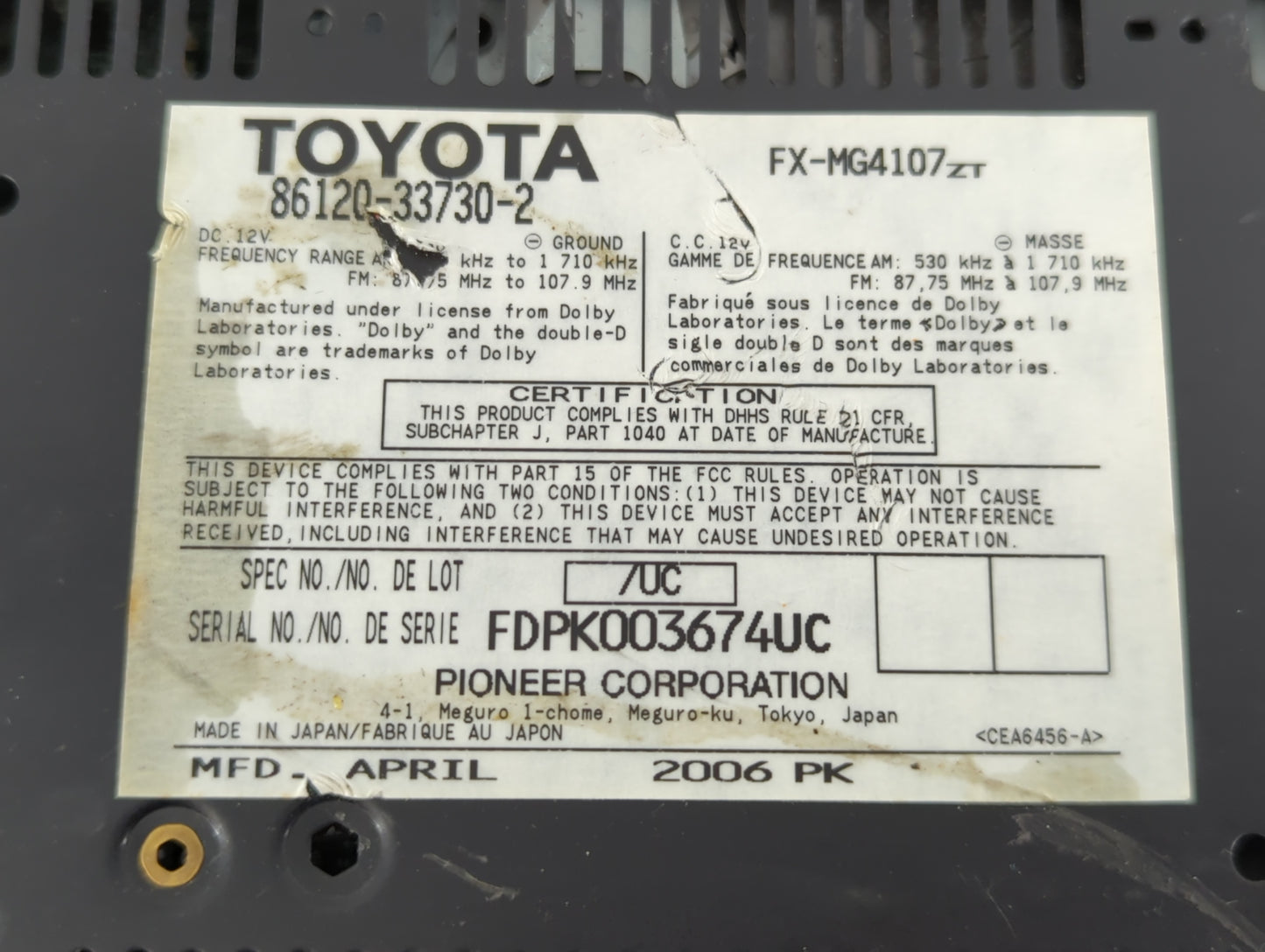 2007-2009 Lexus Es350 Am Fm Cd Player Radio Receiver - Oemusedautoparts1.com