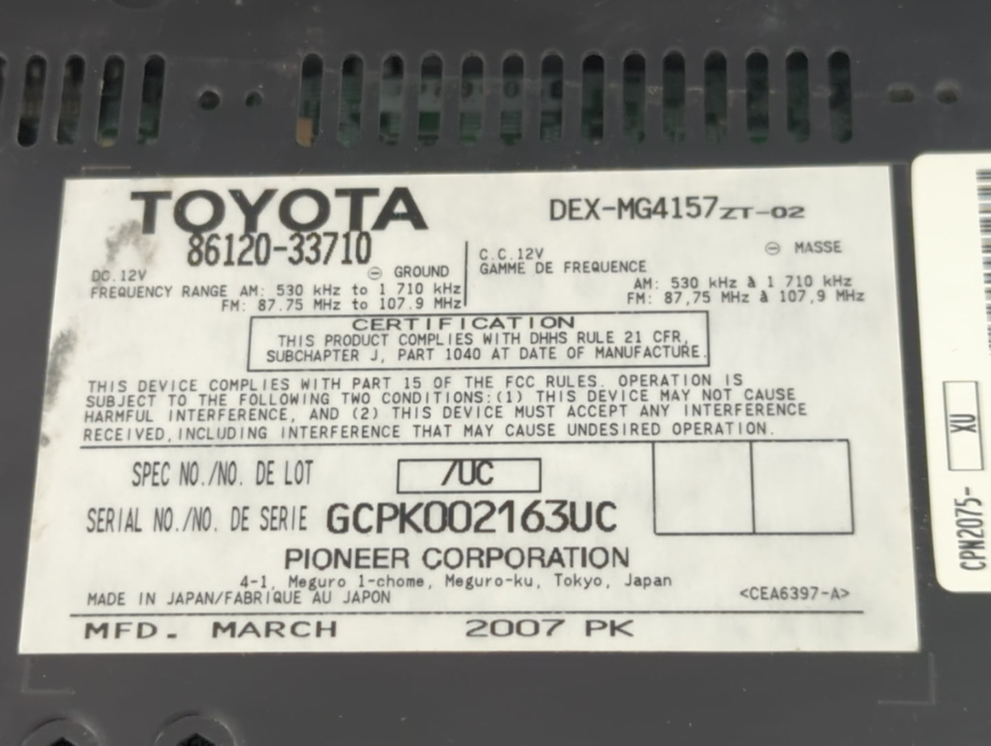 2007-2009 Lexus Es350 Radio AM FM Cd Player Receiver Replacement P/N:86120-33710 Fits Fits 2007 2008 2009 OEM Used Auto Part