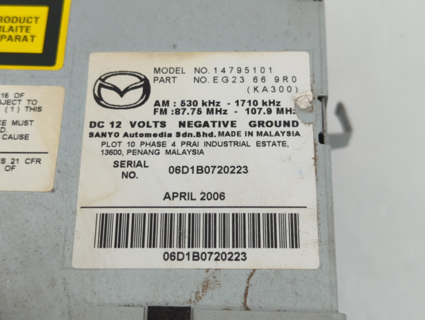 2007-2009 Mazda Cx-7 Radio AM FM Cd Player Receiver Replacement P/N:14795101 Fits Fits 2007 2008 2009 OEM Used Auto Parts -