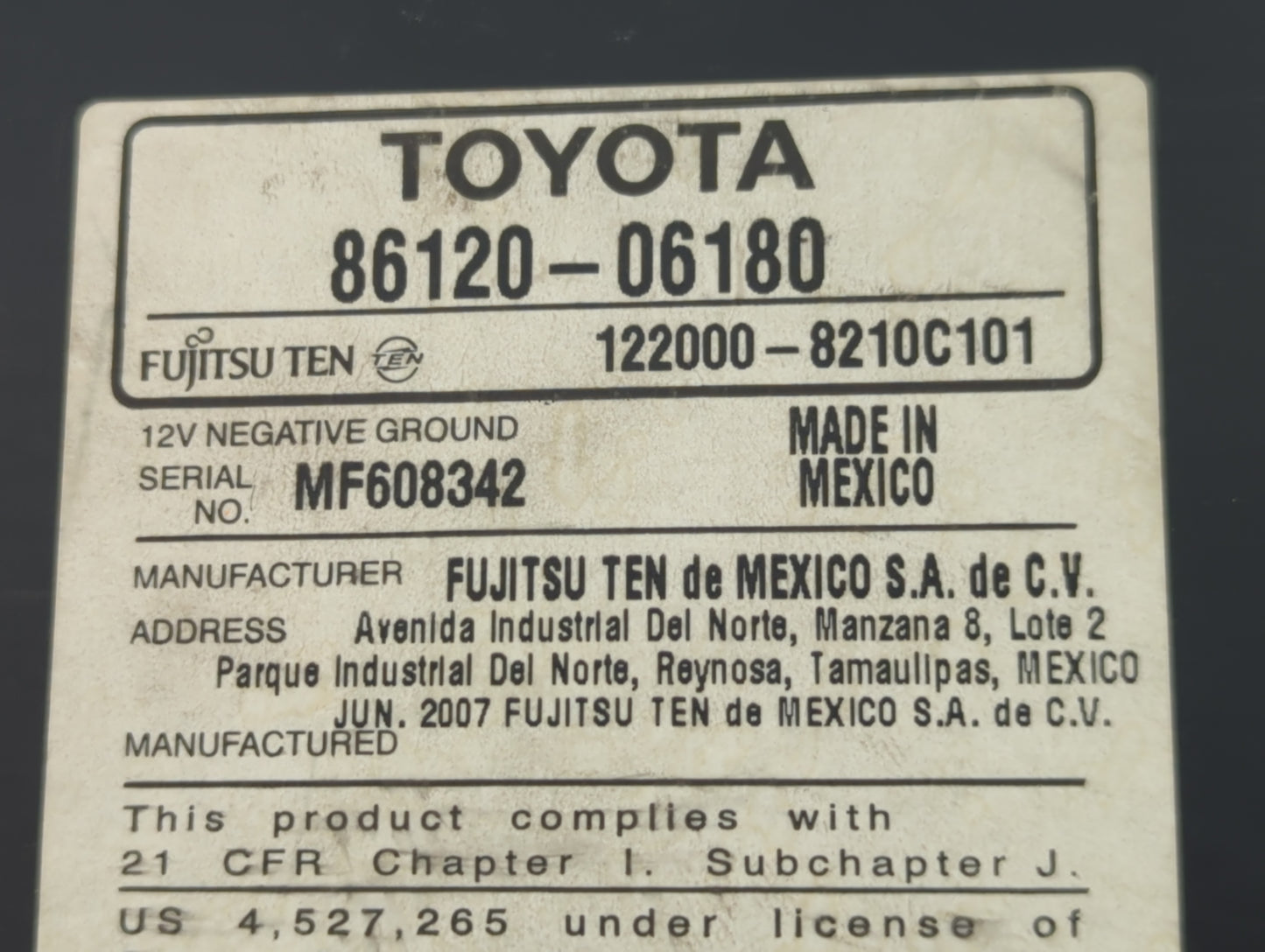 2007-2009 Toyota Camry Radio AM FM Cd Player Receiver Replacement P/N:86120-06180 Fits Fits 2007 2008 2009 OEM Used Auto Par