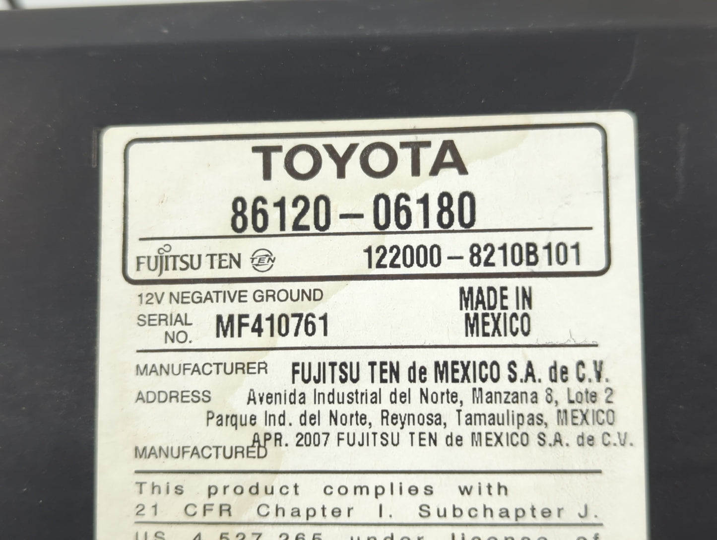 2007-2009 Toyota Camry Radio AM FM Cd Player Receiver Replacement P/N:86120-06180 Fits Fits 2007 2008 2009 OEM Used Auto Par