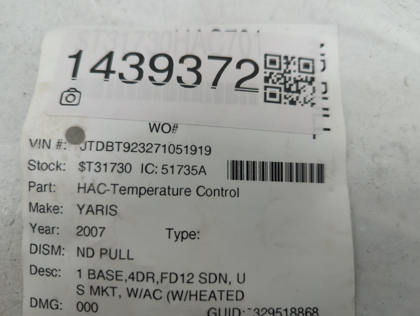 2007-2008 Toyota Yaris Climate Control Module Temperature AC/Heater Replacement Fits Fits 2007 2008 OEM Used Auto Parts - Oe