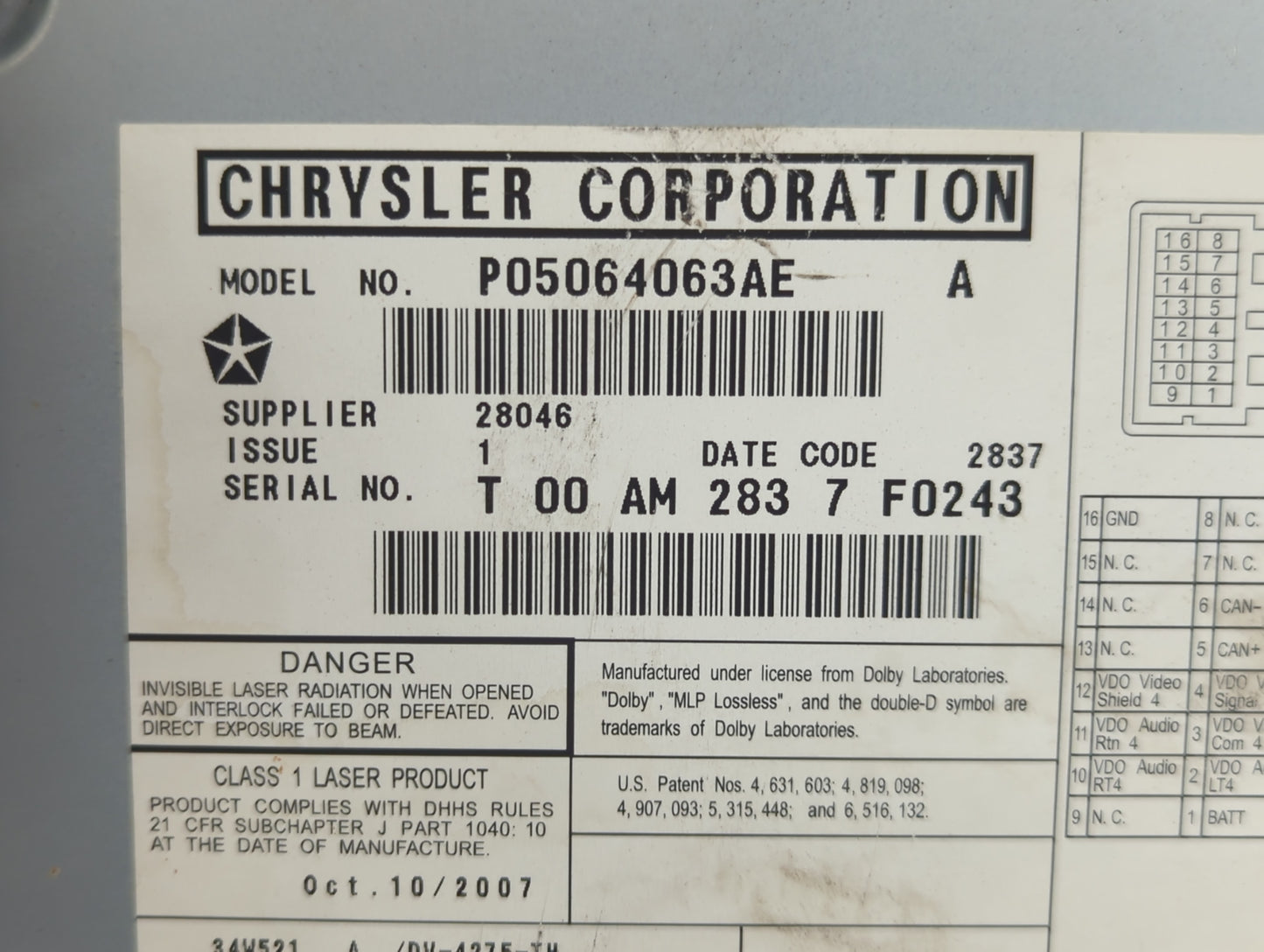 2008-2009 Chrysler Town & Country Radio AM FM Cd Player Receiver Replacement P/N:P05064063AE Fits Fits 2008 2009 2010 OEM Us