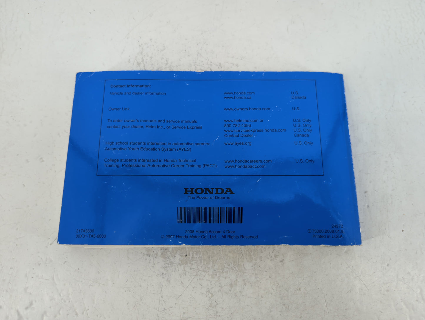 2008 Honda Accord Owners Manual Book Guide P/N:00X31-TA5-6000 31TA5600 OEM Used Auto Parts - Oemusedautoparts1.com