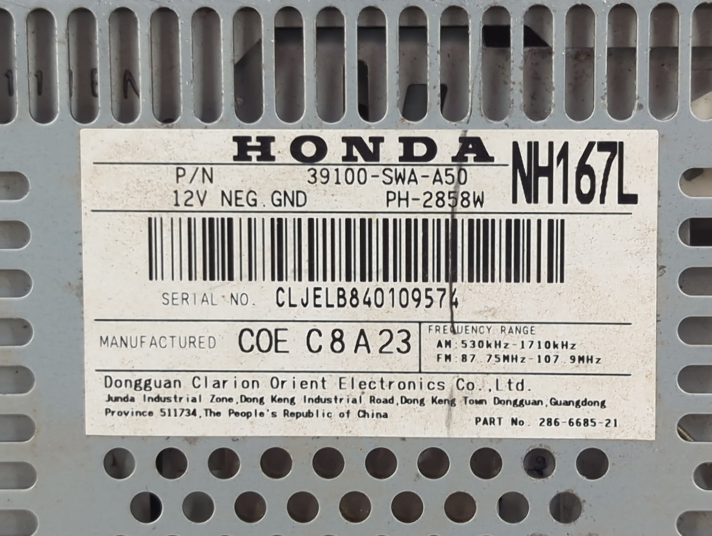 2008 Honda Crv Radio AM FM Cd Player Receiver Replacement P/N:39100-SWA-A50 PH-2858W, 286-6685-21 Fits Fits 2007 2009 OEM Us