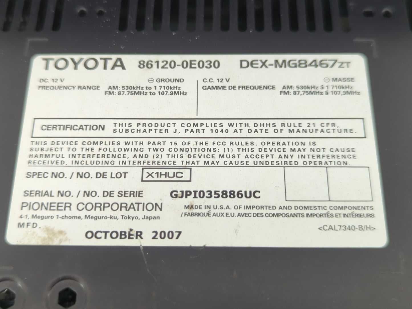 2007-2009 Lexus Rx350 Radio AM FM Cd Player Receiver Replacement P/N:86120-0E030 Fits Fits 2006 2007 2008 2009 OEM Used Auto
