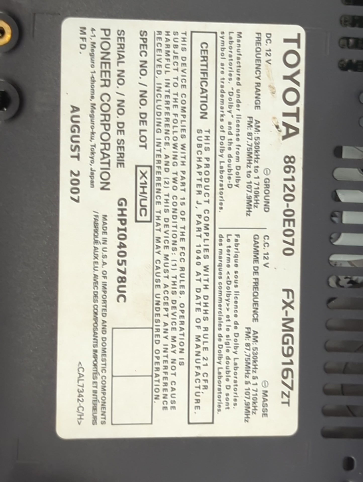 2007-2009 Lexus Rx350 Radio AM FM Cd Player Receiver Replacement P/N:86120-0E070 FX-MG9167ZT Fits Fits 2006 2007 2008 2009 O