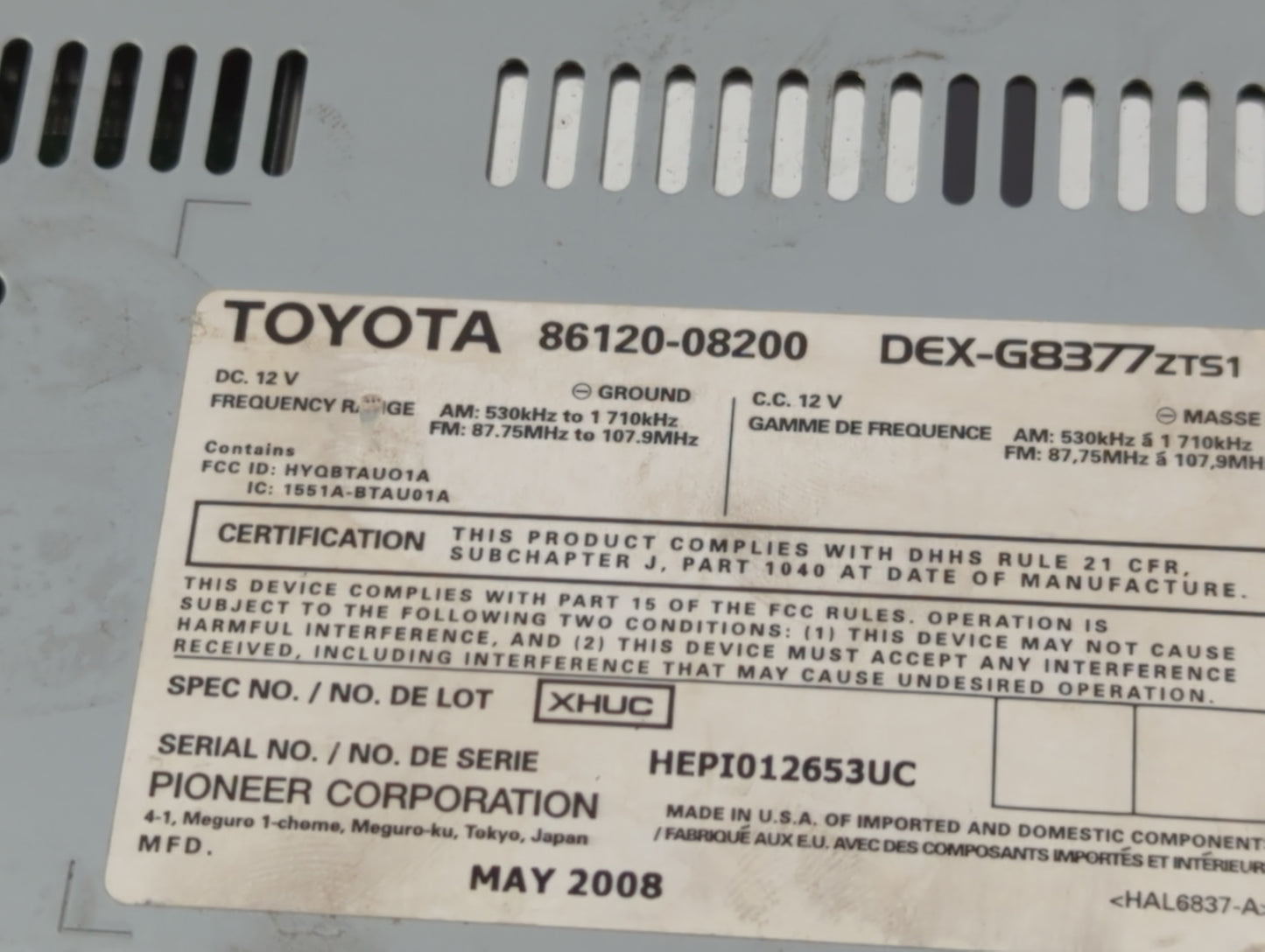 2008-2010 Toyota Sienna Radio AM FM Cd Player Receiver Replacement P/N:86120-08200 86120-08210 Fits Fits 2008 2009 2010 OEM