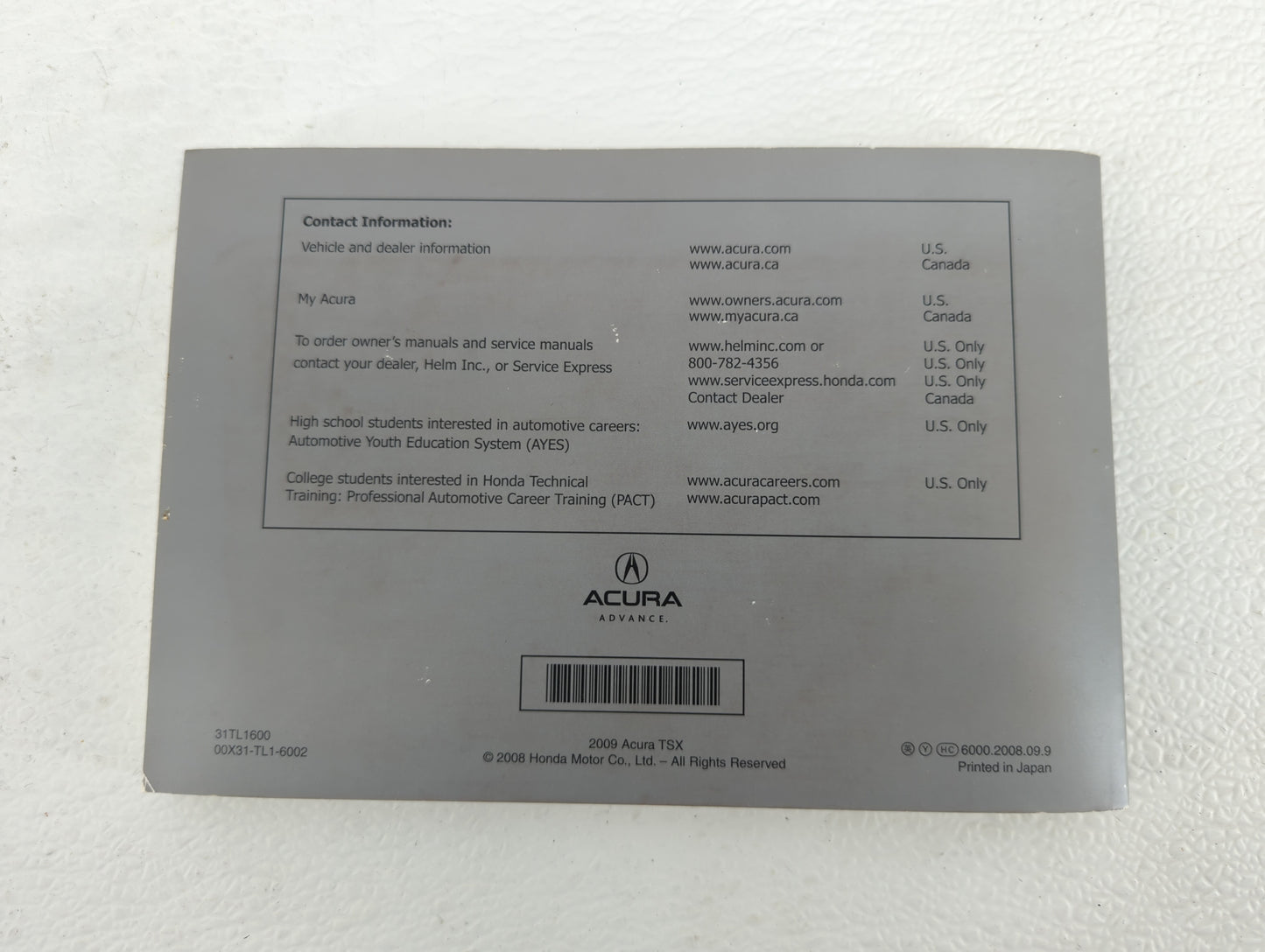 2009 Acura Tsx Owners Manual Book Guide OEM Used Auto Parts - Oemusedautoparts1.com