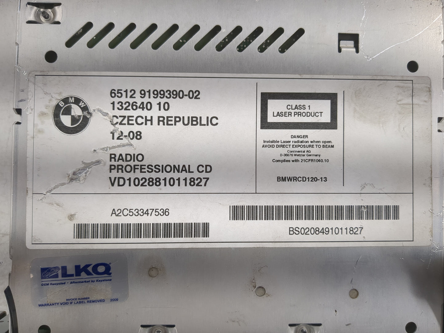 2008-2009 Bmw 335i Radio AM FM Cd Player Receiver Replacement P/N:9199390-02 Fits Fits 2008 2009 OEM Used Auto Parts - Oemus