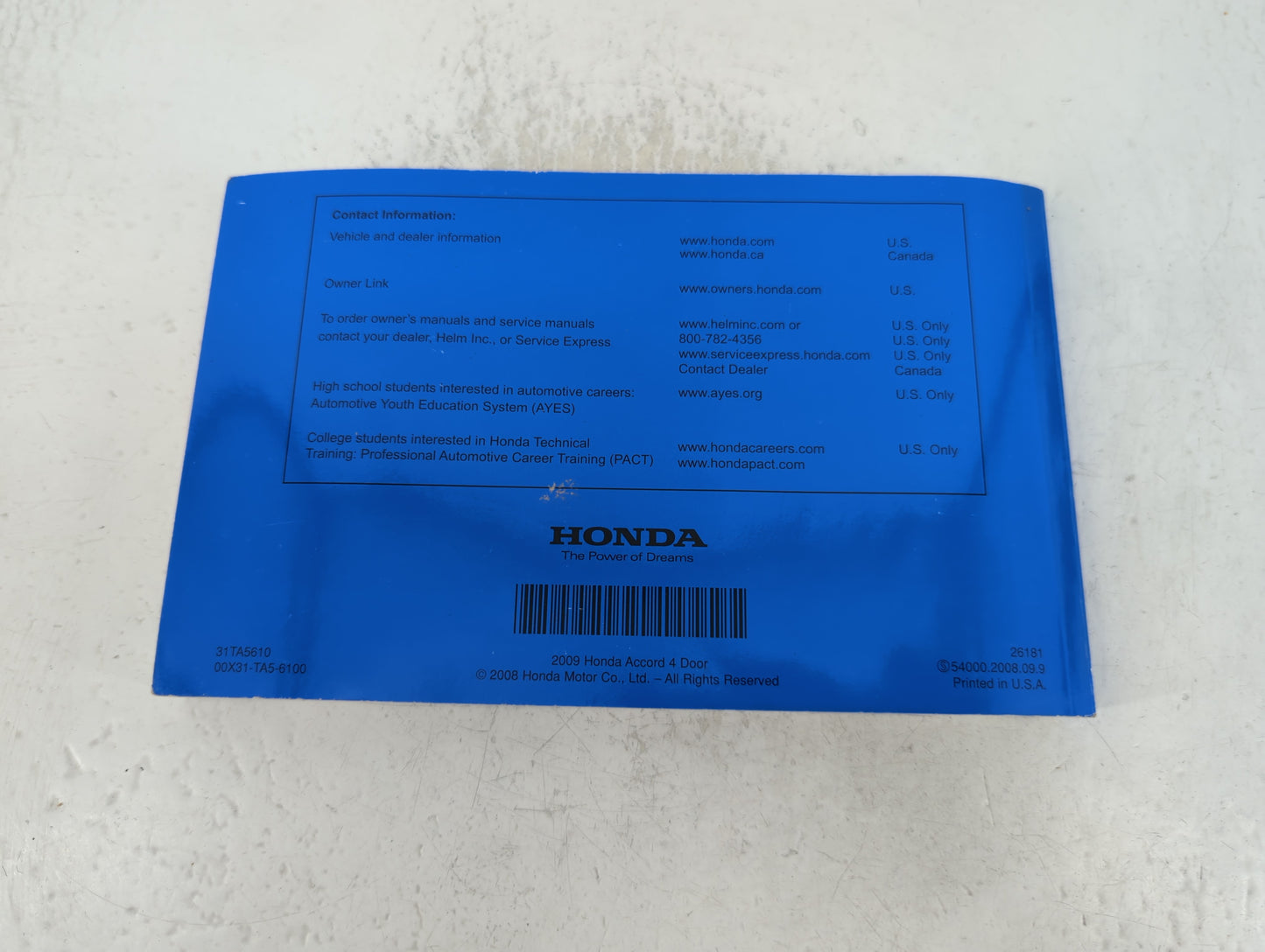 2009 Honda Accord Owners Manual Book Guide P/N:00X31-TA5-6100 31TA5610 OEM Used Auto Parts - Oemusedautoparts1.com