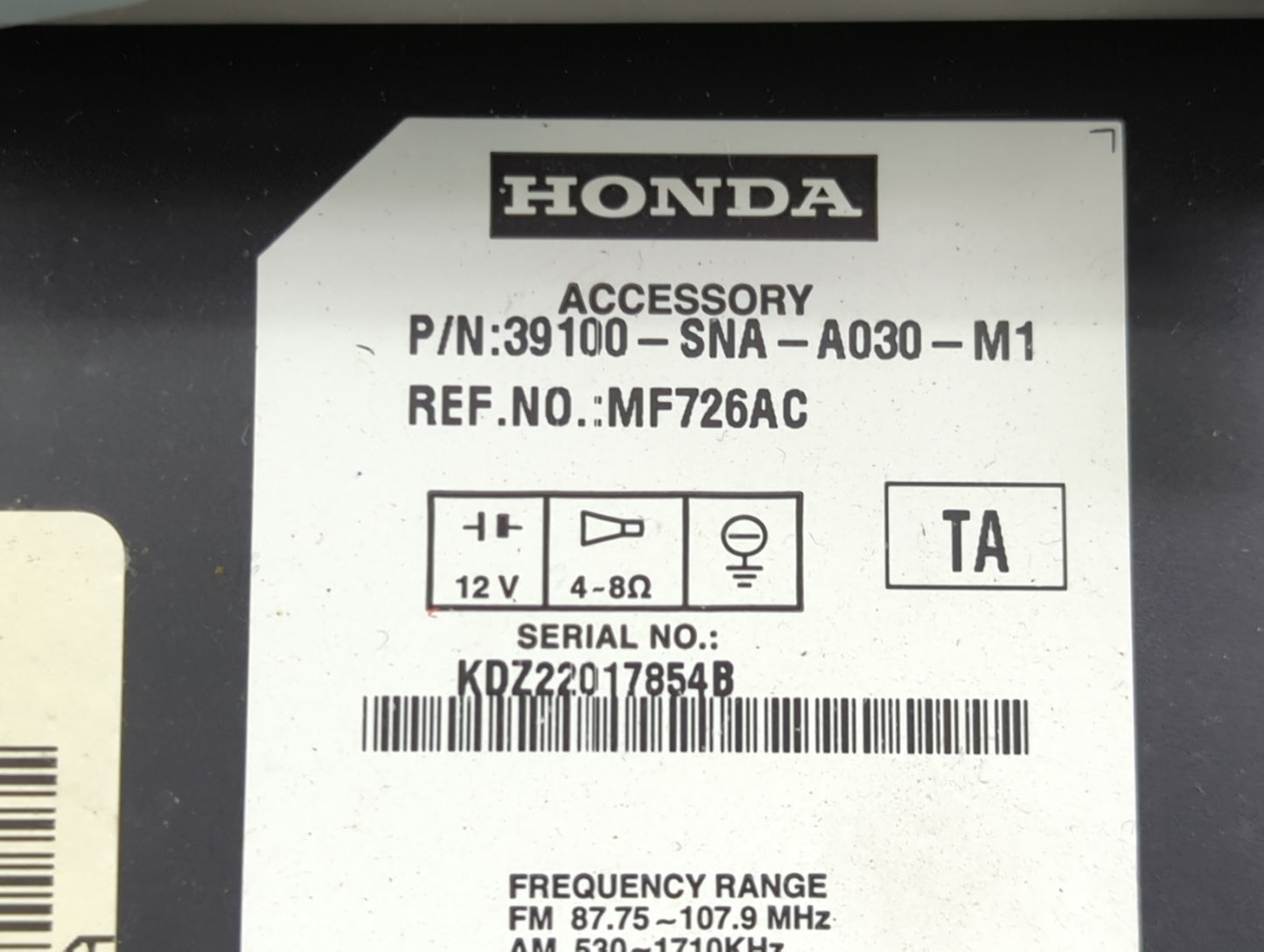 2006-2011 Honda Civic Radio AM FM Cd Player Receiver Replacement P/N:39100-SNA-A030-M1 MF726AC Fits OEM Used Auto Parts - Oe