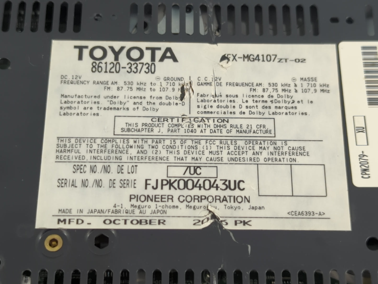 2007-2009 Lexus Es350 Radio AM FM Cd Player Receiver Replacement P/N:86120-33730 Fits Fits 2007 2008 2009 OEM Used Auto Part