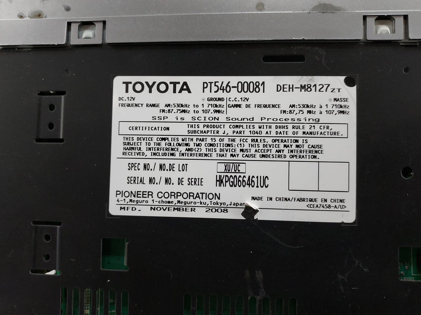 2006-2010 Scion Tc Radio AM FM Cd Player Receiver Replacement P/N:PT546-00081 DEH-M8127ZT Fits OEM Used Auto Parts - Oemused