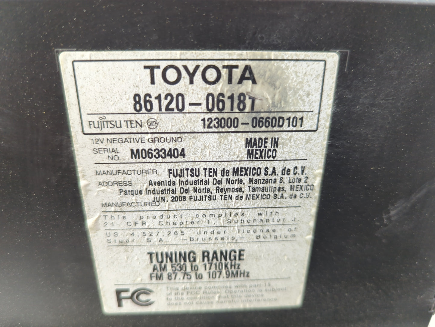 2009 Toyota Camry Radio AM FM Cd Player Receiver Replacement P/N:86120-06187 123000-0660D101 Fits OEM Used Auto Parts - Oemu