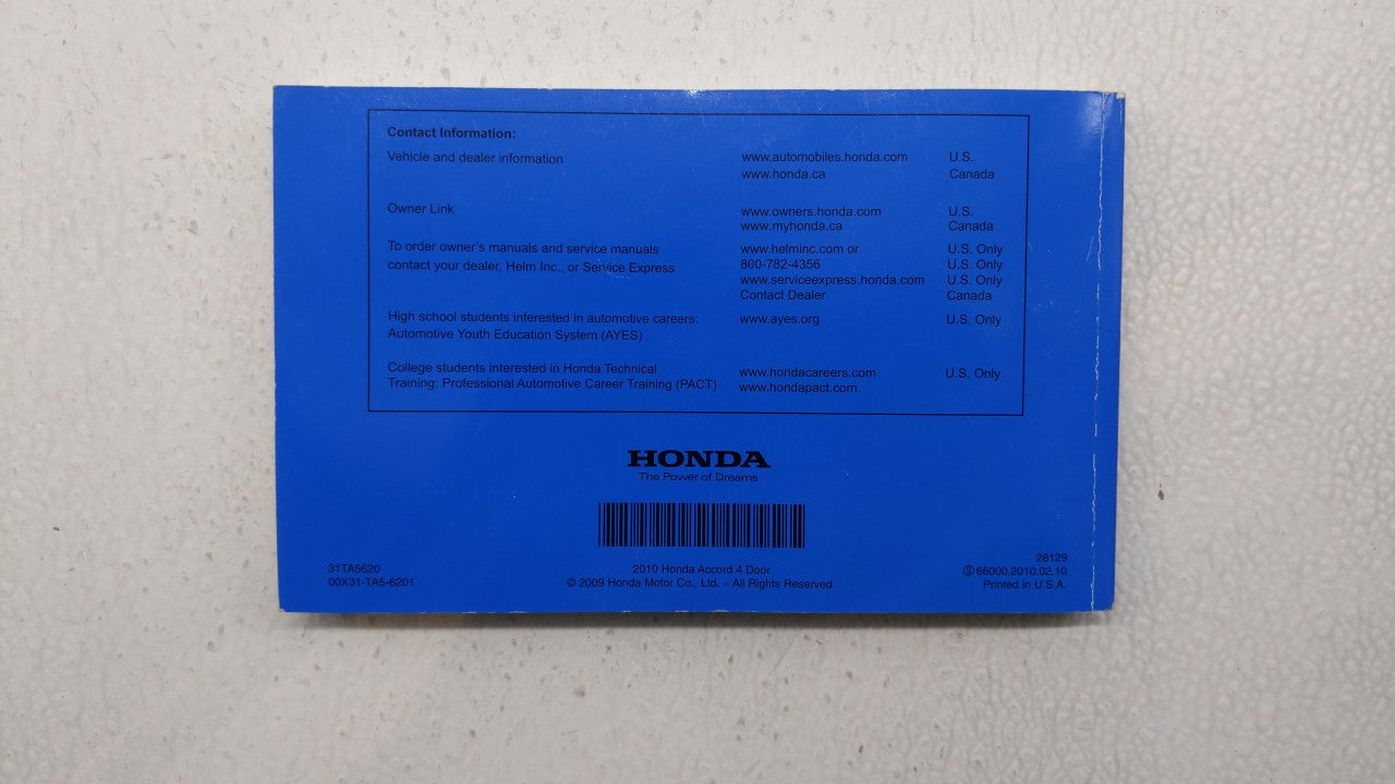 2010 Honda Accord Owners Manual Book Guide P/N:00X31-TA5-6201 OEM Used Auto Parts - Oemusedautoparts1.com
