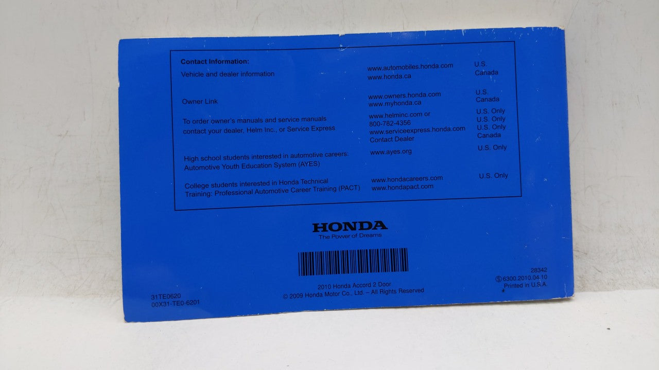 2010 Honda Accord Owners Manual Book Guide OEM Used Auto Parts - Oemusedautoparts1.com