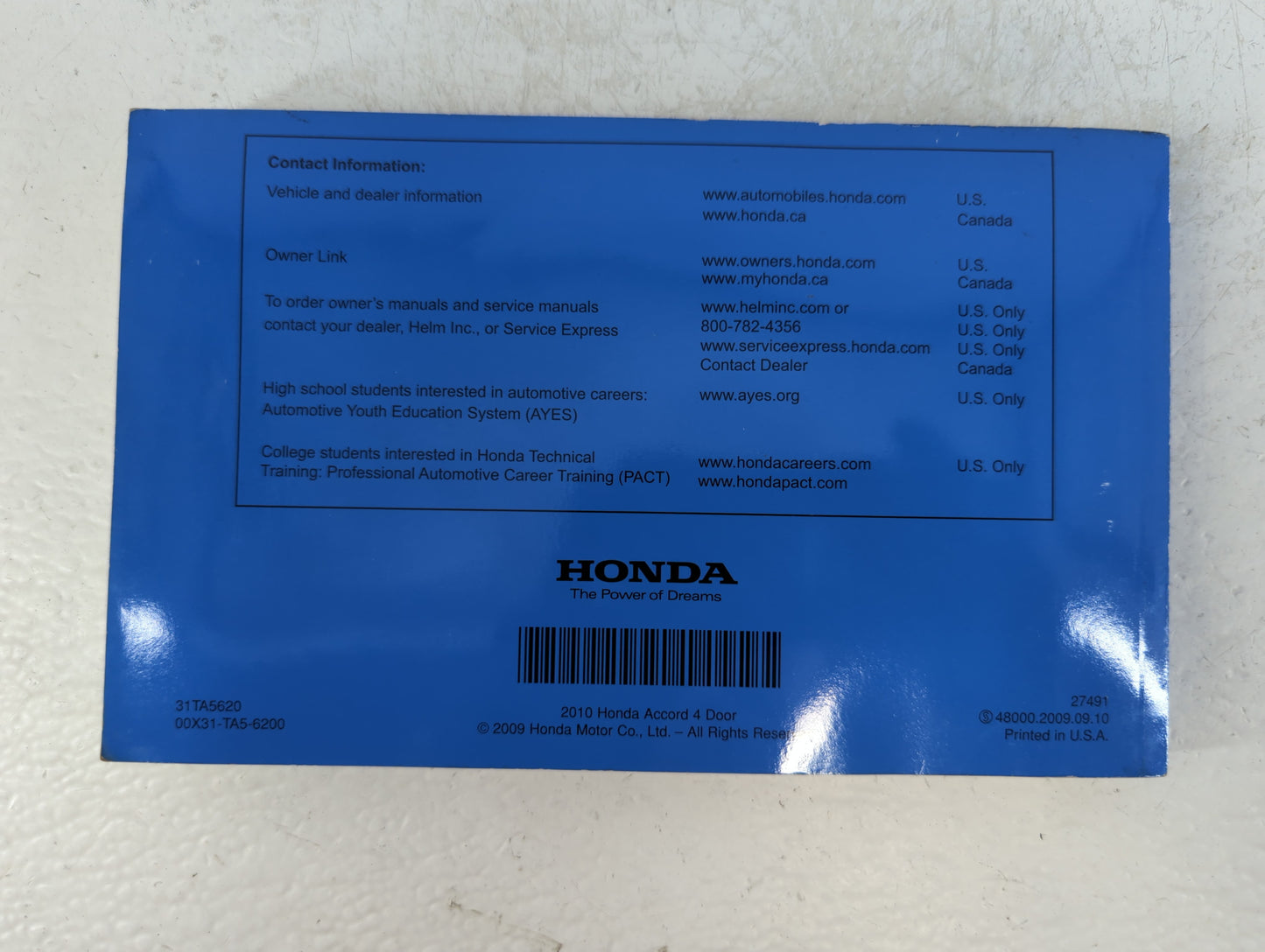 2010 Honda Accord Owners Manual Book Guide OEM Used Auto Parts - Oemusedautoparts1.com