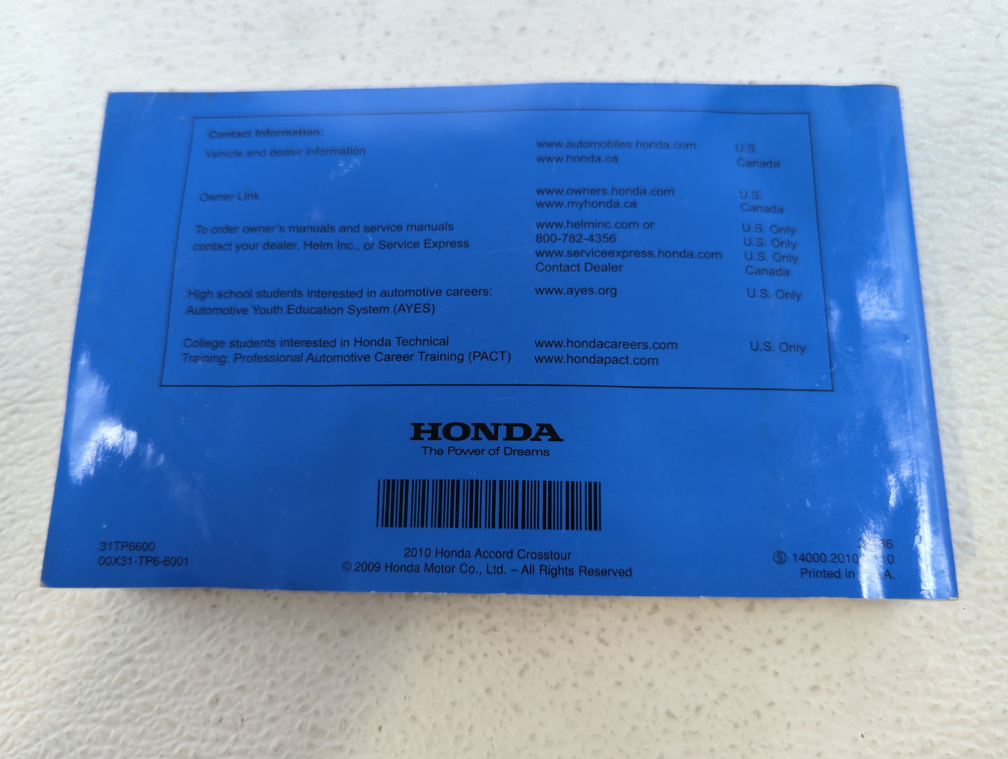 2010 Honda Accord Crosstour Owners Manual Book Guide OEM Used Auto Parts - Oemusedautoparts1.com