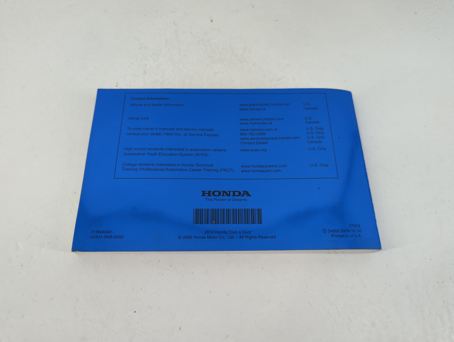 2010 Honda Civic Owners Manual Book Guide P/N:00X31-SNA-6400 OEM Used Auto Parts - Oemusedautoparts1.com