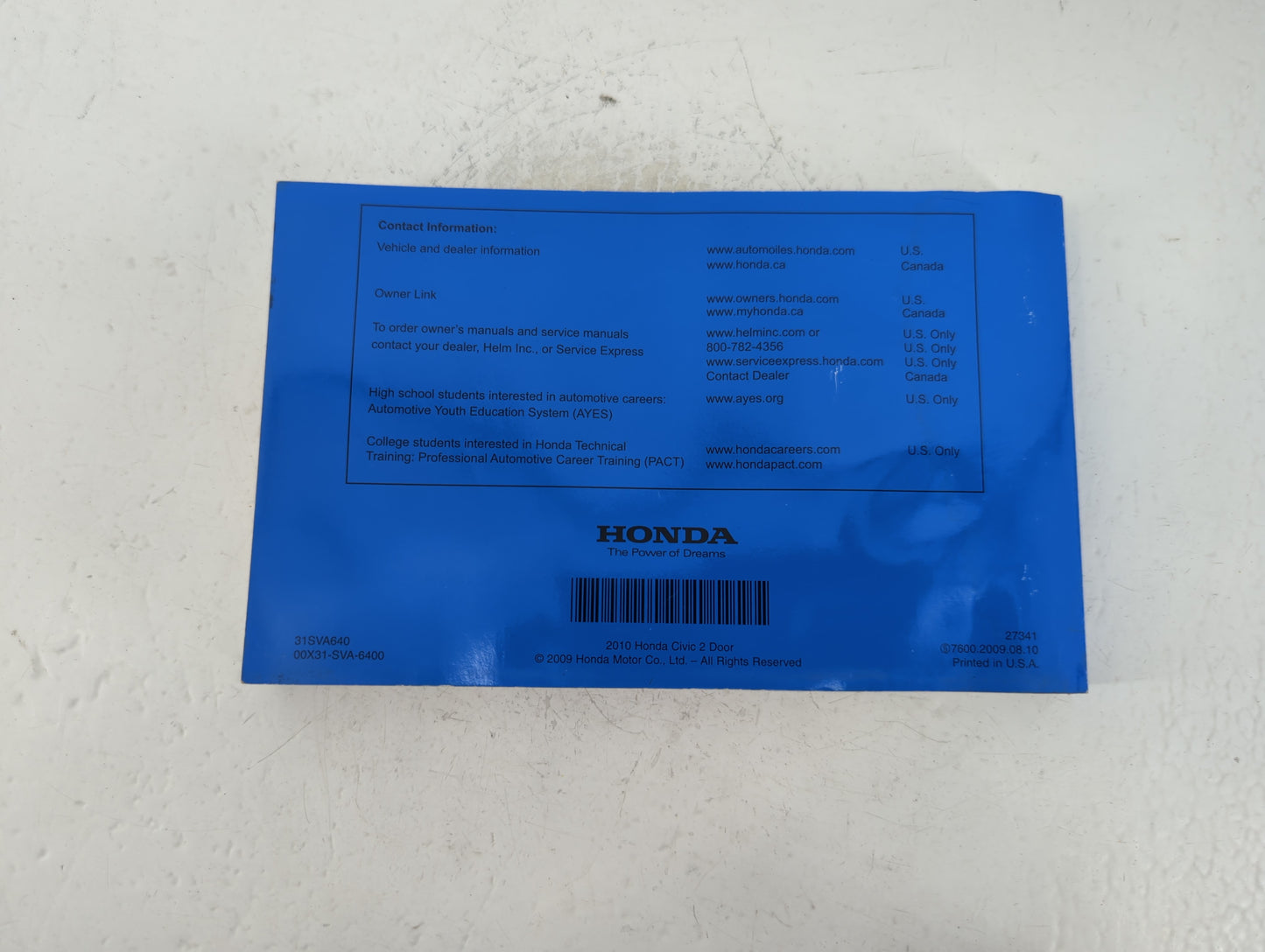 2010 Honda Civic Owners Manual Book Guide P/N:00X31-SVA-6400 OEM Used Auto Parts - Oemusedautoparts1.com