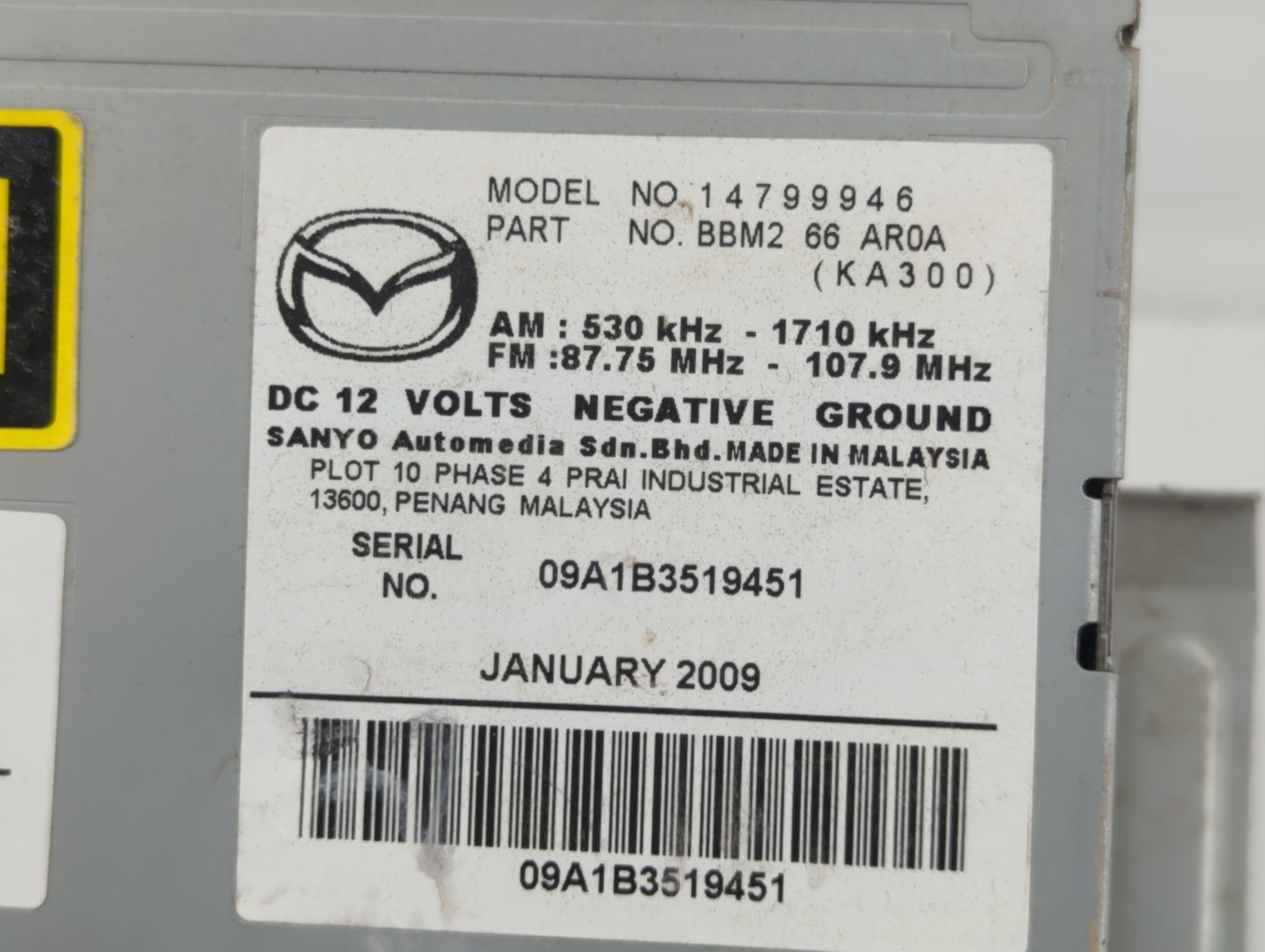 2010 Mazda 3 Radio AM FM Cd Player Receiver Replacement P/N:BBM2 66 AR0A Fits OEM Used Auto Parts - Oemusedautoparts1.com