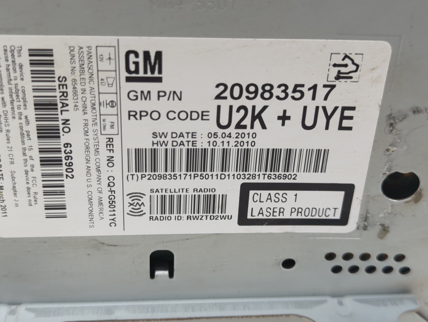 2010-2011 Buick Lacrosse Radio AM FM Cd Player Receiver Replacement P/N:20983517 Fits Fits 2010 2011 2012 OEM Used Auto Part