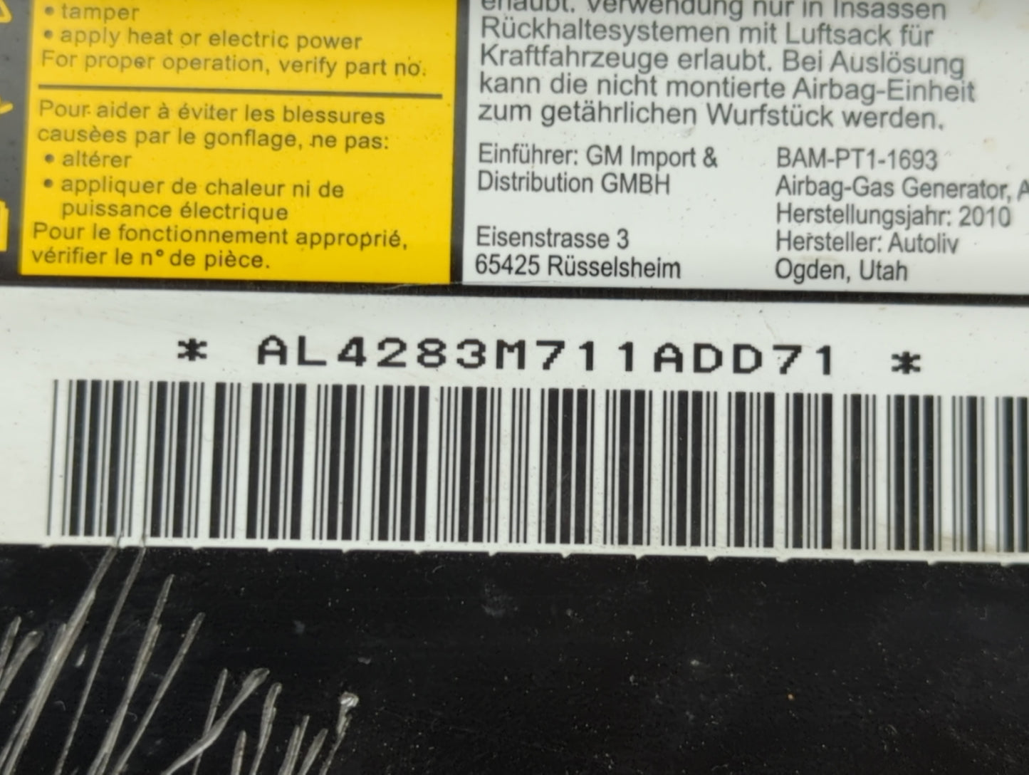 2011 Cadillac Cts Air Bag Passenger Right Dashboard OEM P/N:620310300 Fits OEM Used Auto Parts - Oemusedautoparts1.com