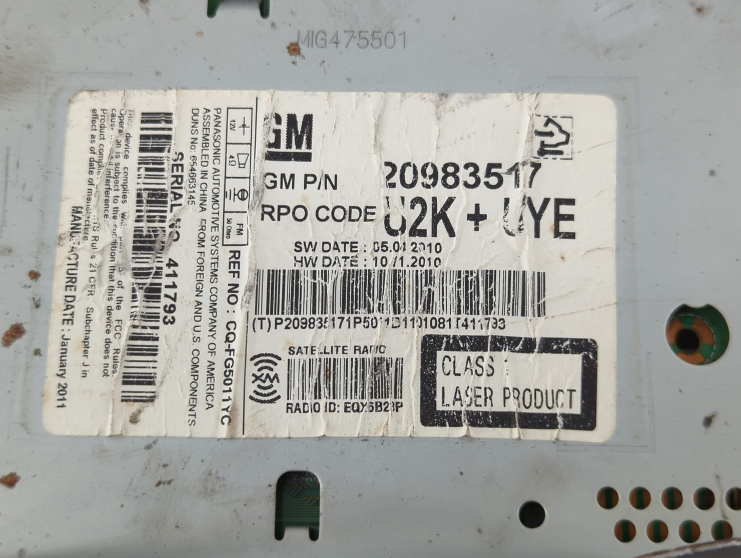 2011-2012 Chevrolet Cruze Radio AM FM Cd Player Receiver Replacement P/N:20983517 Fits Fits 2010 2011 2012 OEM Used Auto Par