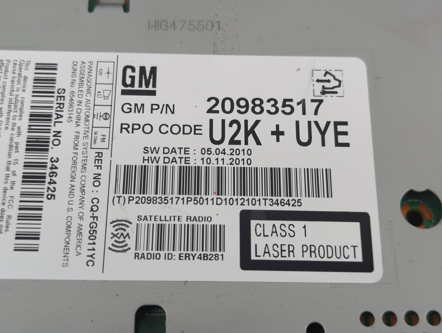 2011-2012 Chevrolet Cruze Radio AM FM Cd Player Receiver Replacement P/N:20983517 Fits Fits 2010 2011 2012 OEM Used Auto Par