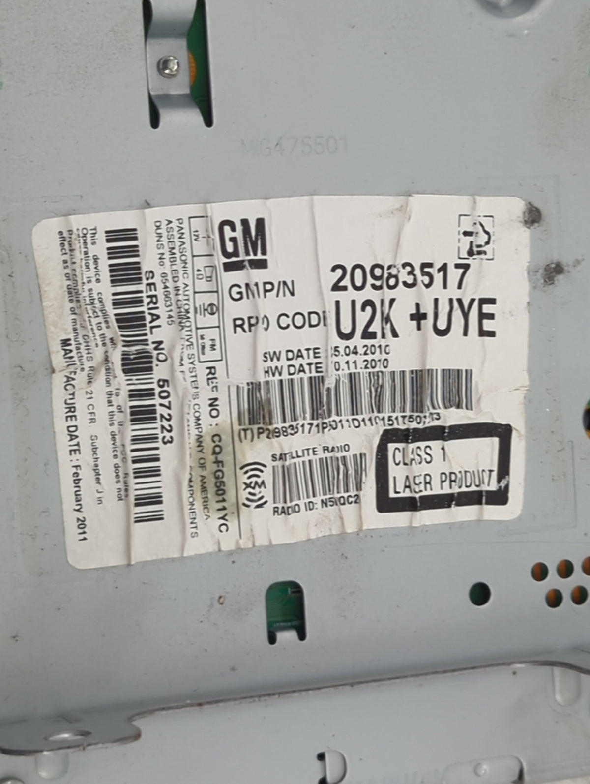2011-2012 Chevrolet Cruze Radio AM FM Cd Player Receiver Replacement P/N:20983517 CQ-FG6011YC Fits Fits 2010 2011 2012 OEM U