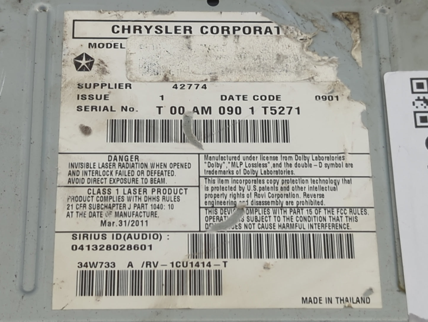 2011-2014 Chrysler 200 Radio AM FM Cd Player Receiver Replacement P/N:05064040AH 34W733, P05091040AH Fits Fits 2011 2012 201