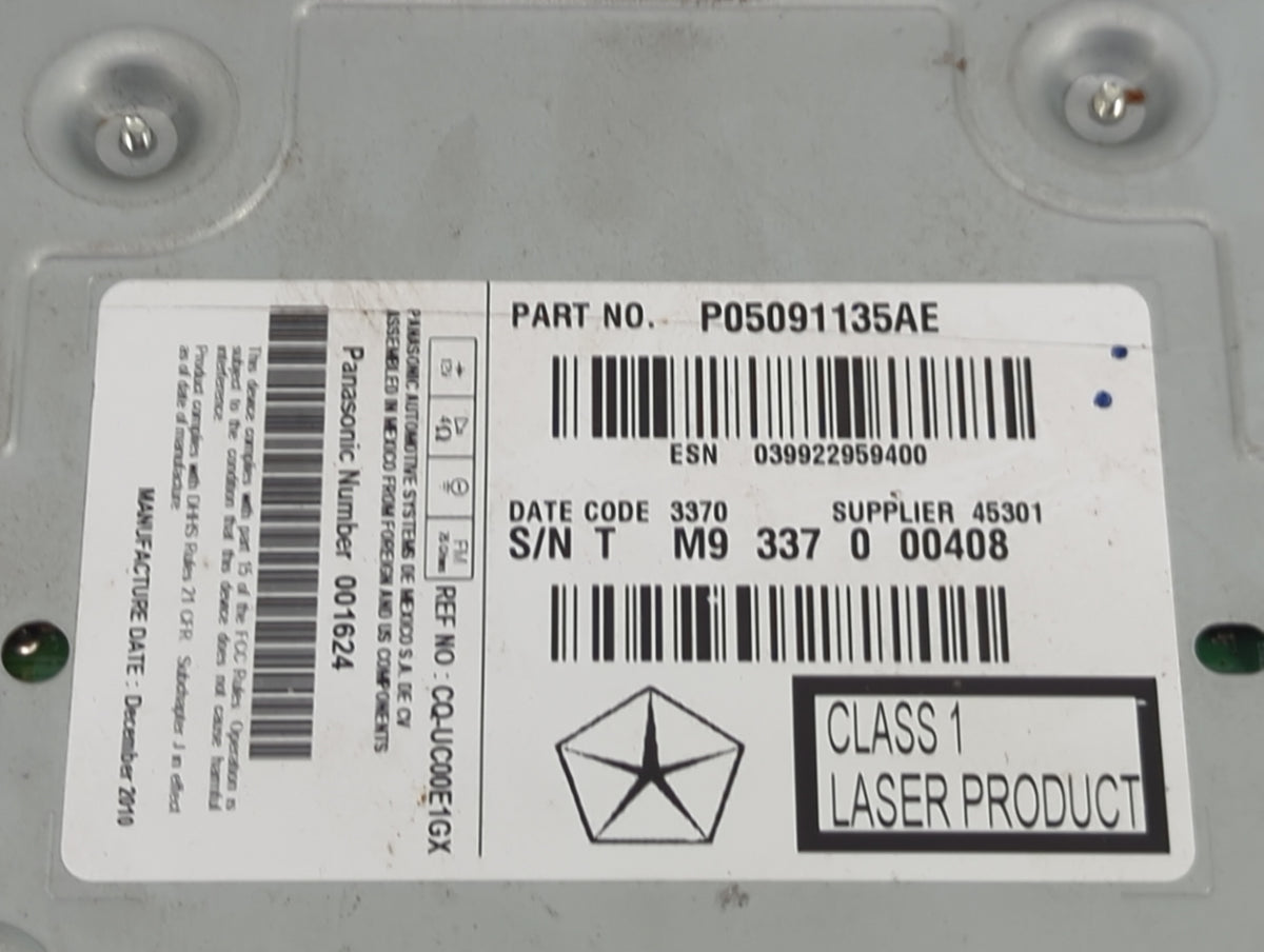 2011 Dodge Charger Radio AM FM Cd Player Receiver Replacement P/N:P05091135AE 5091135AB, CQ-UC00E1GX Fits OEM Used Auto Part