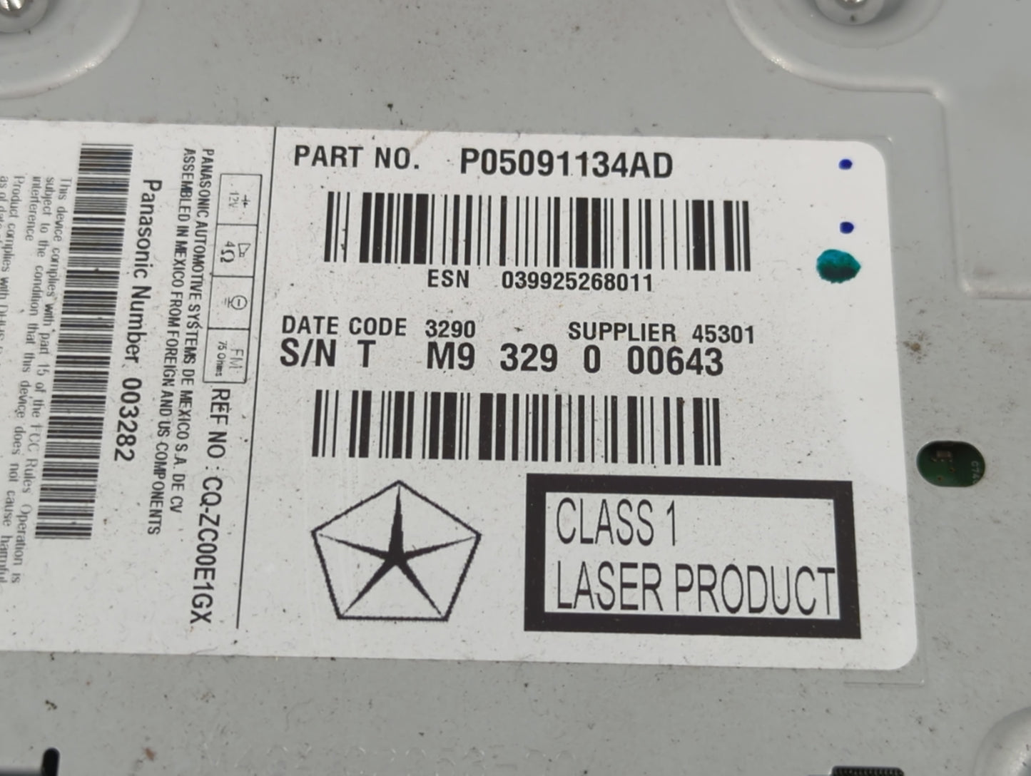 2011-2012 Dodge Journey Radio AM FM Cd Player Receiver Replacement P/N:P05091134AD Fits Fits 2011 2012 OEM Used Auto Parts -