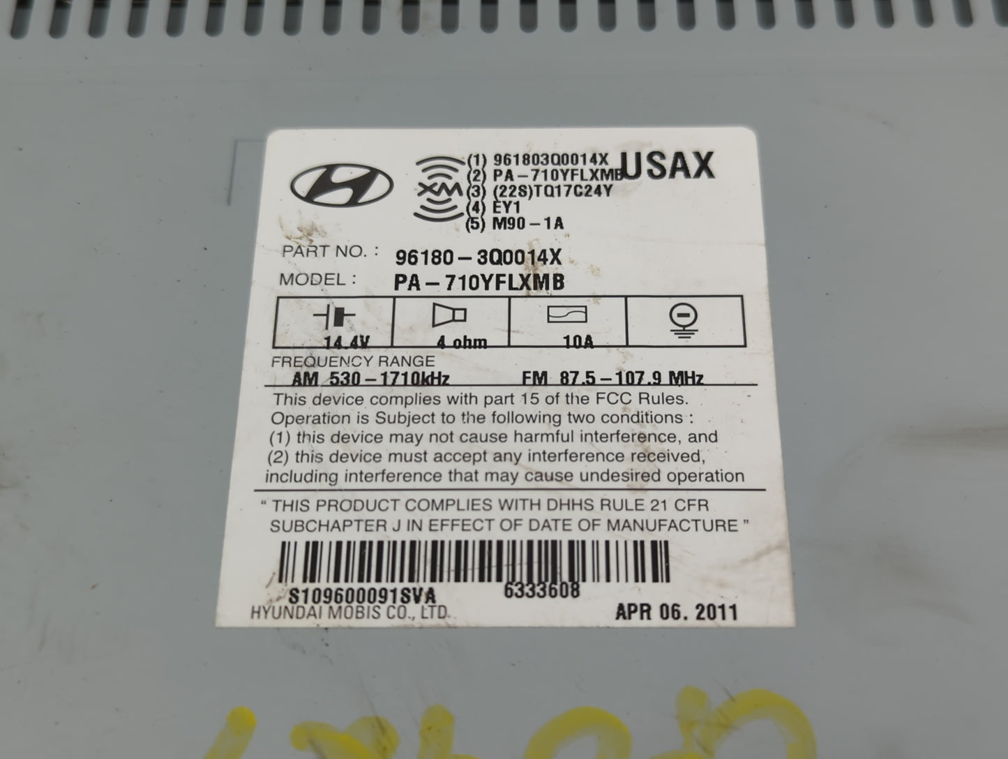 2011 Hyundai Sonata Radio AM FM Cd Player Receiver Replacement P/N:96180-3Q0014X Fits OEM Used Auto Parts - Oemusedautoparts